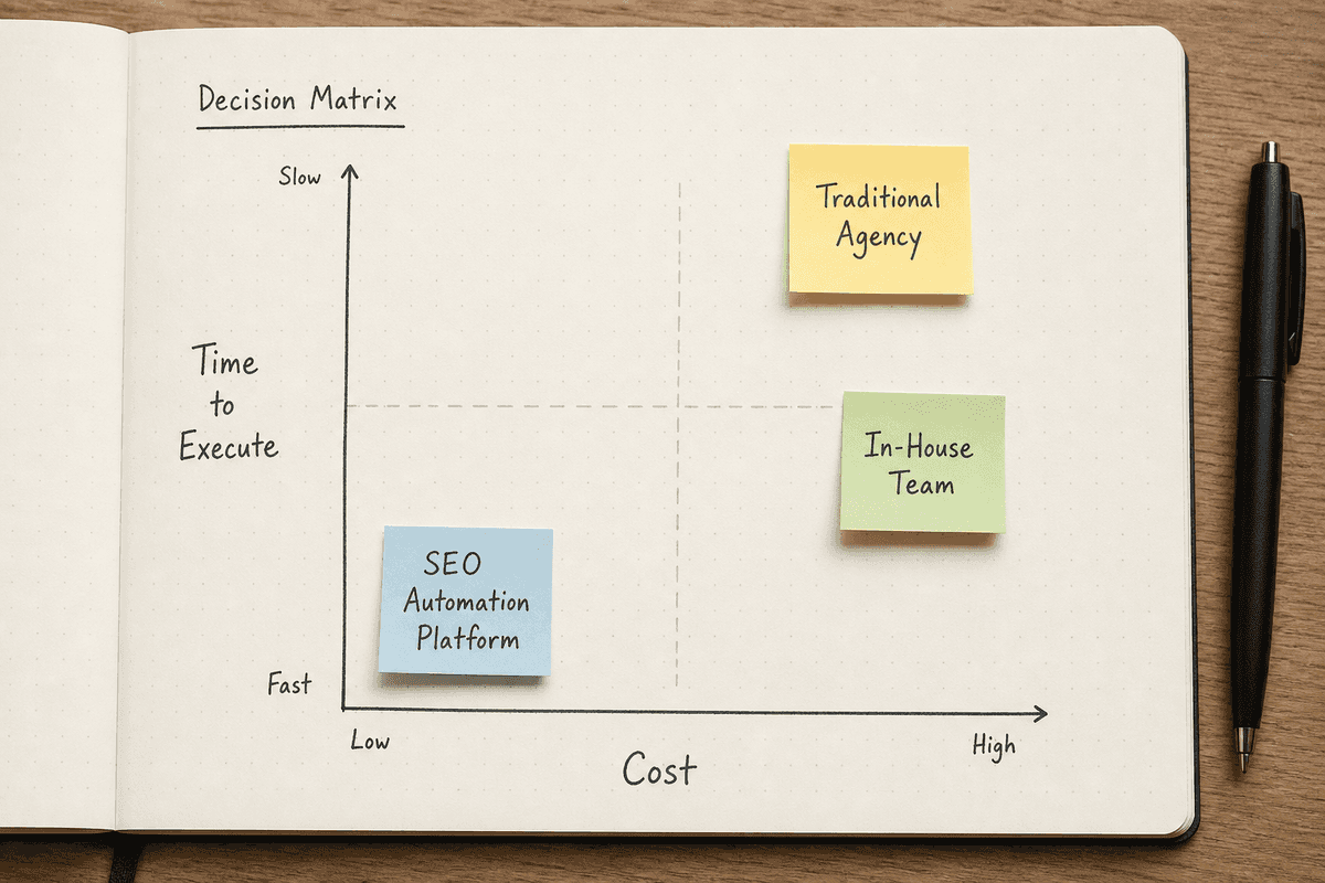 A decision matrix chart comparing Traditional Agencies, In-House Teams, and SEO Automation Platforms based on cost and execut