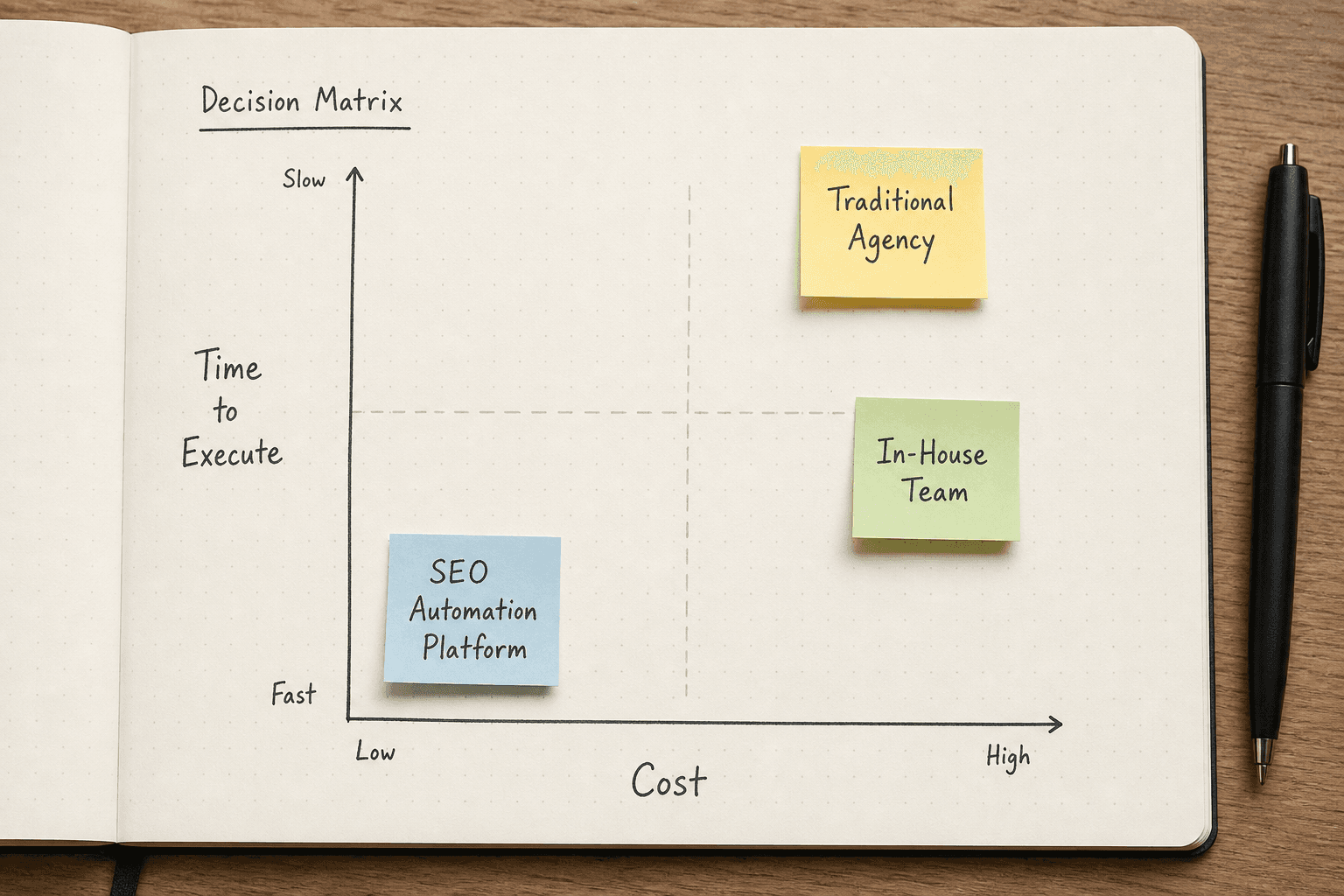A decision matrix chart comparing Traditional Agencies, In-House Teams, and SEO Automation Platforms based on cost and execut