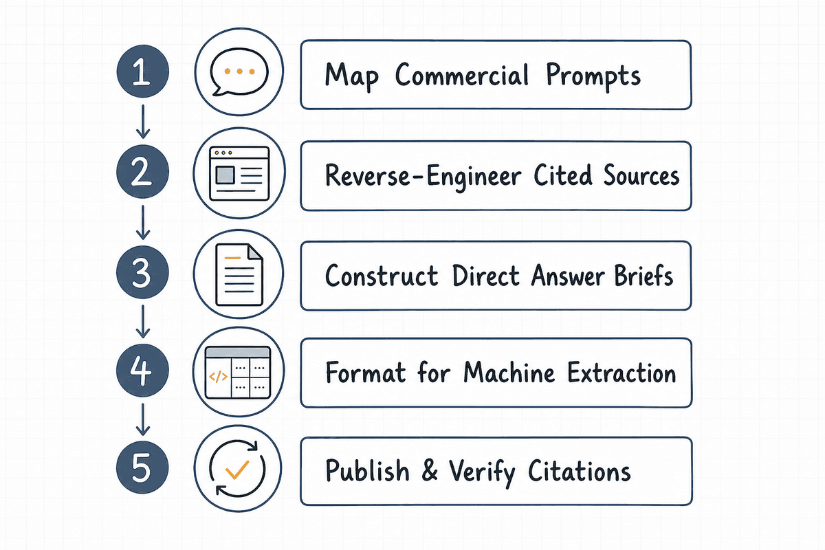 A 5-step blueprint process diagram showing the generative engine optimization workflow.