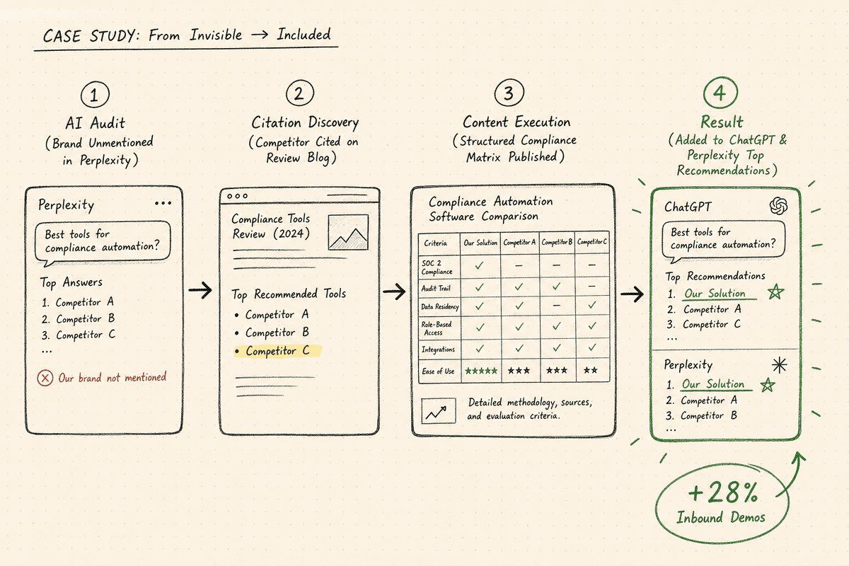 Flowchart mapping how a SaaS company turned an unmentioned AI query into a top recommendation.