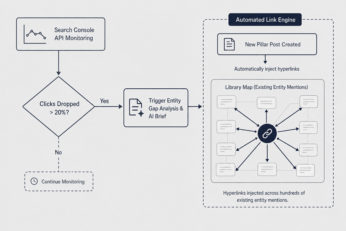 System architecture wireframe detailing automated SEO content decay detection and dynamic entity internal linking.