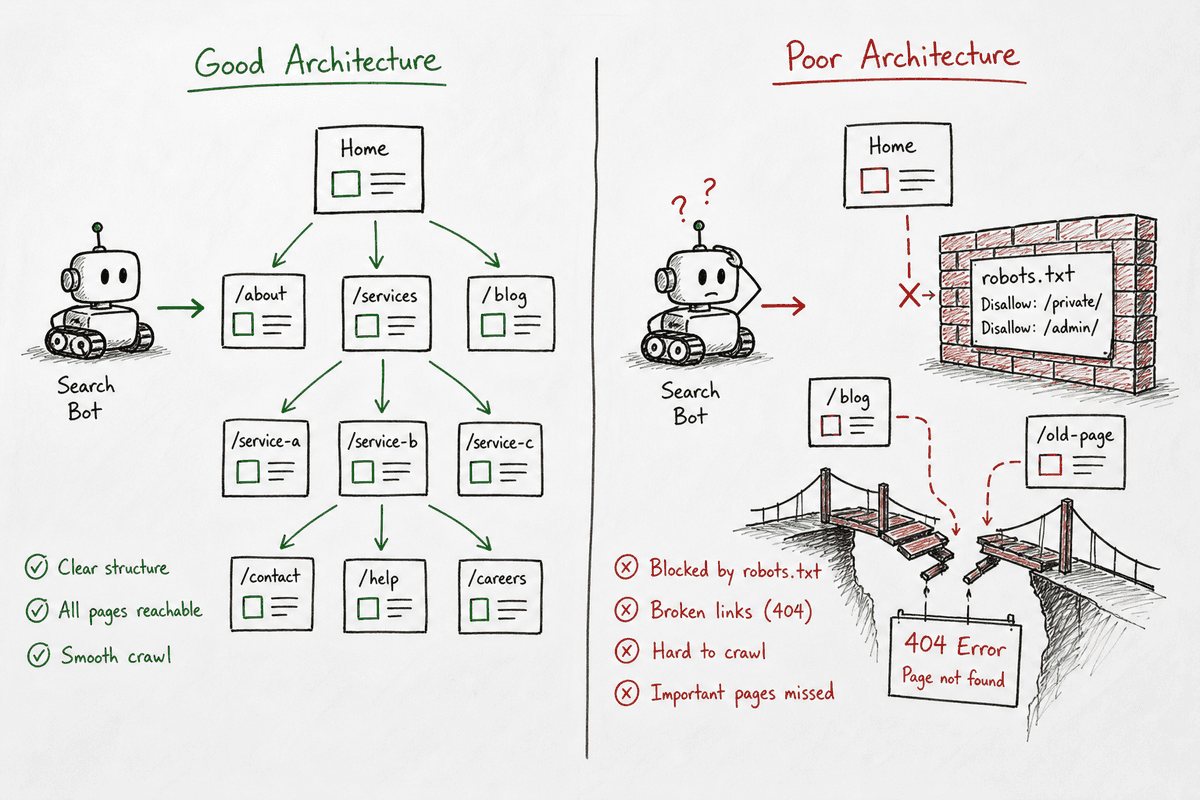 Whiteboard sketch illustrating a search bot crawling a clean website architecture versus hitting indexing errors.