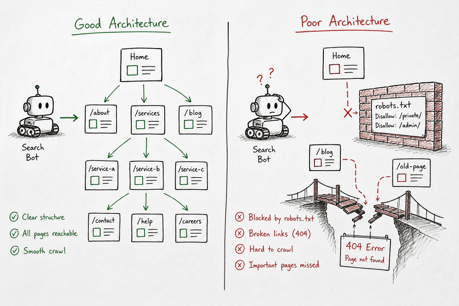 Whiteboard sketch illustrating a search bot crawling a clean website architecture versus hitting indexing errors.