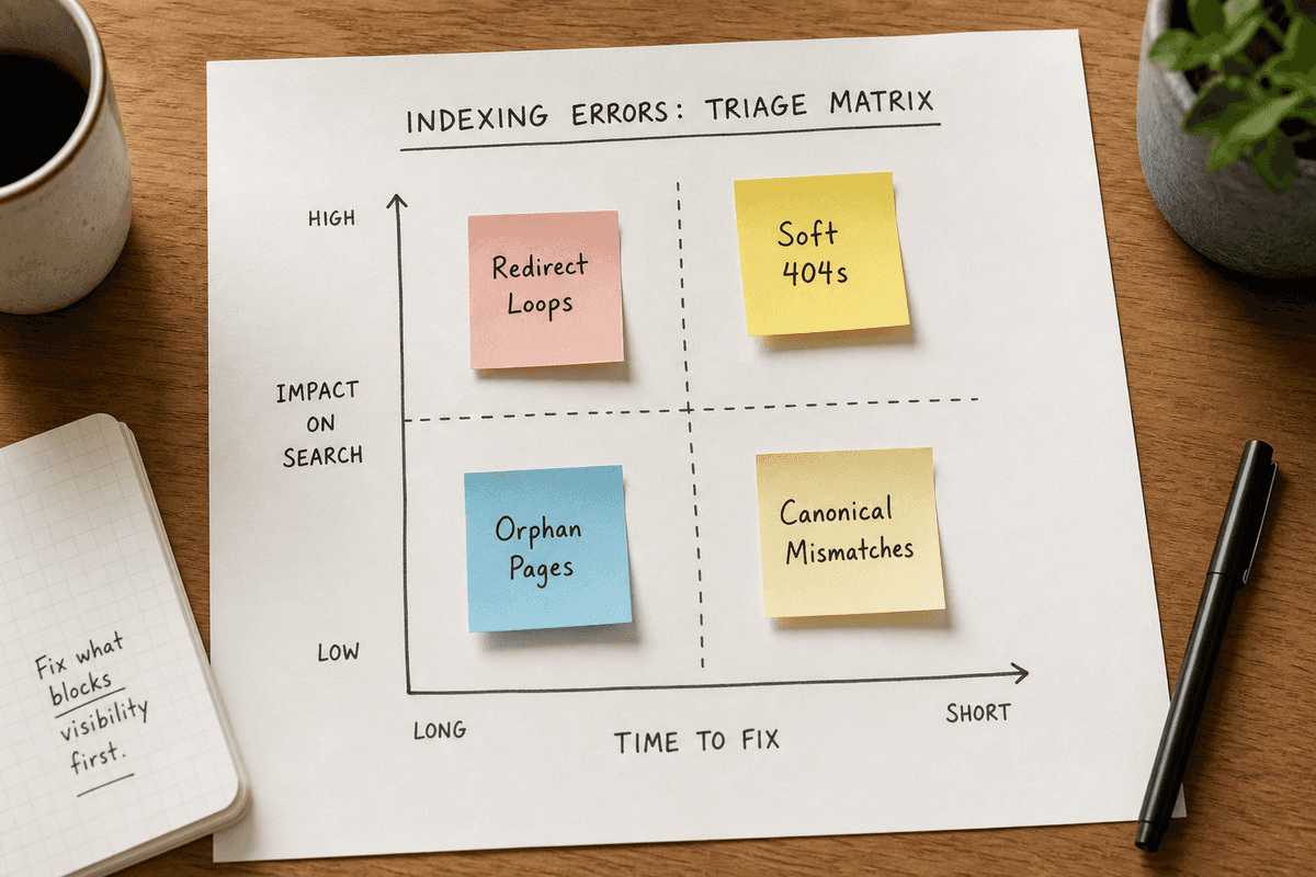 A triage matrix diagram prioritizing common indexing errors like 404s, redirect loops, and canonical mismatches.