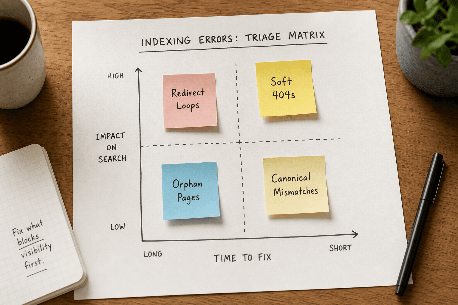 A triage matrix diagram prioritizing common indexing errors like 404s, redirect loops, and canonical mismatches.