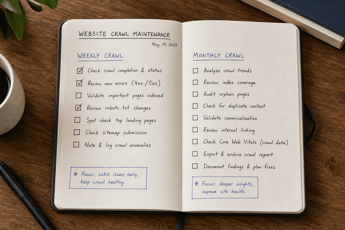 A notebook checklist detailing weekly and monthly website crawl tasks.