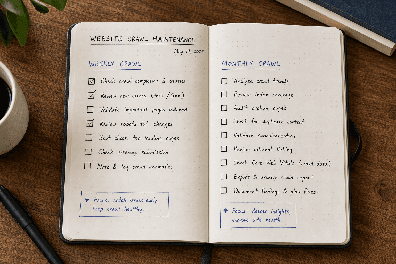 A notebook checklist detailing weekly and monthly website crawl tasks.
