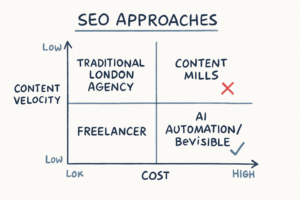 A whiteboard matrix comparing SEO approaches by cost and content velocity.