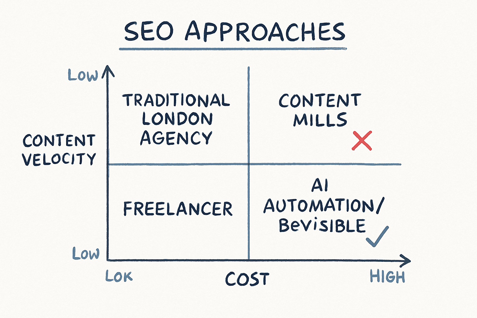 A whiteboard matrix comparing SEO approaches by cost and content velocity.