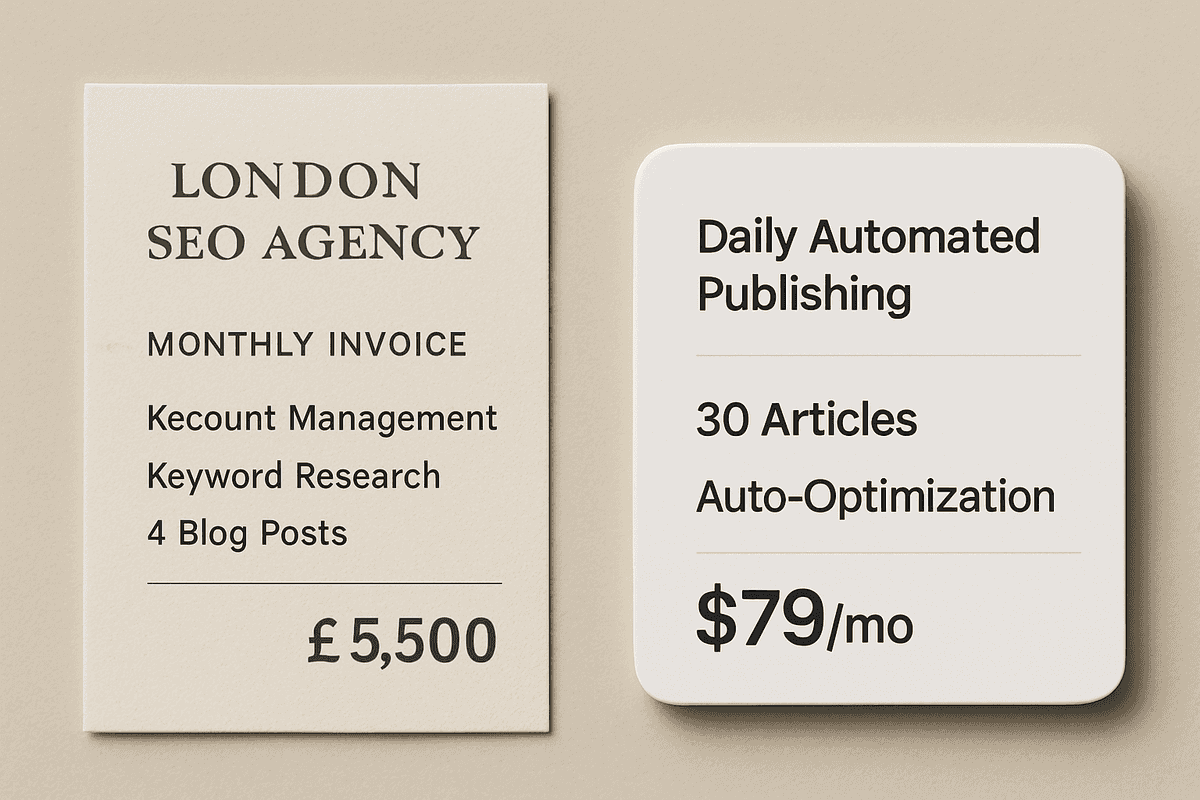 Side-by-side comparison of a traditional agency invoice versus an automated SEO dashboard.
