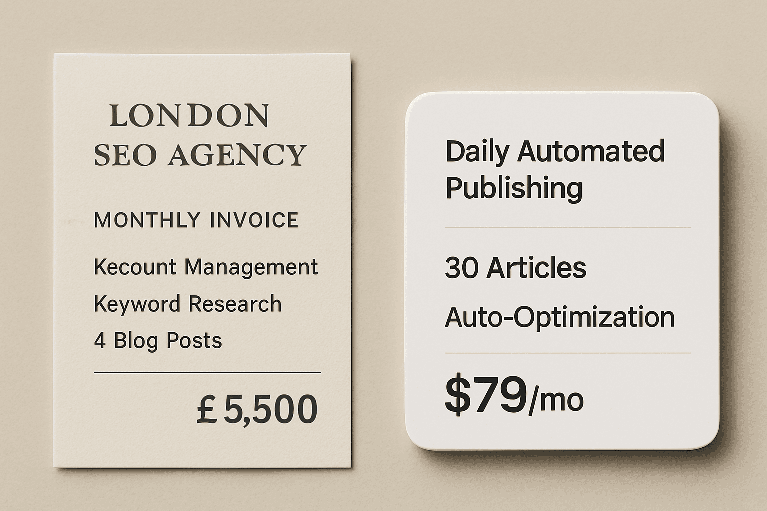 Side-by-side comparison of a traditional agency invoice versus an automated SEO dashboard.