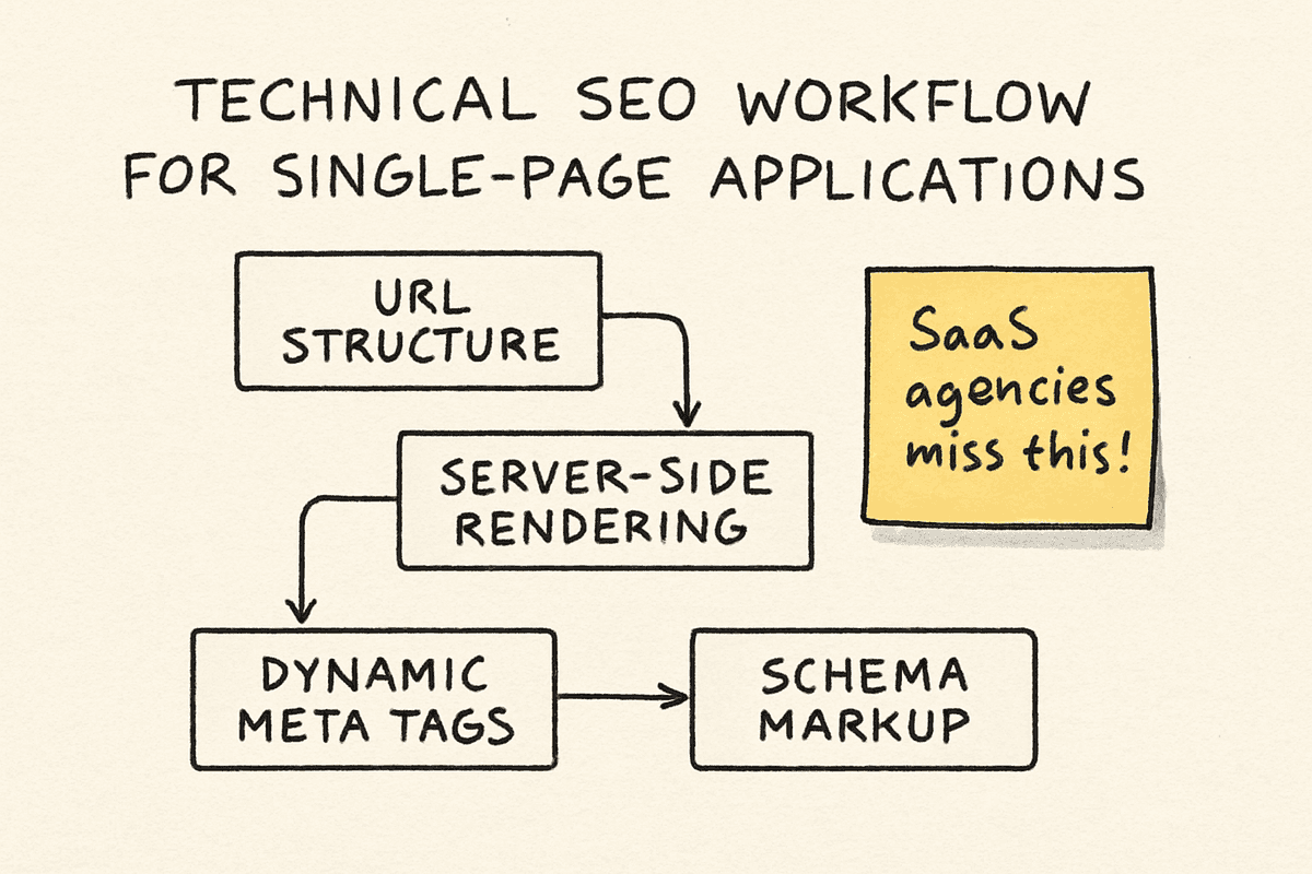 A hand-drawn workflow diagram showing the technical SEO requirements for single-page applications.