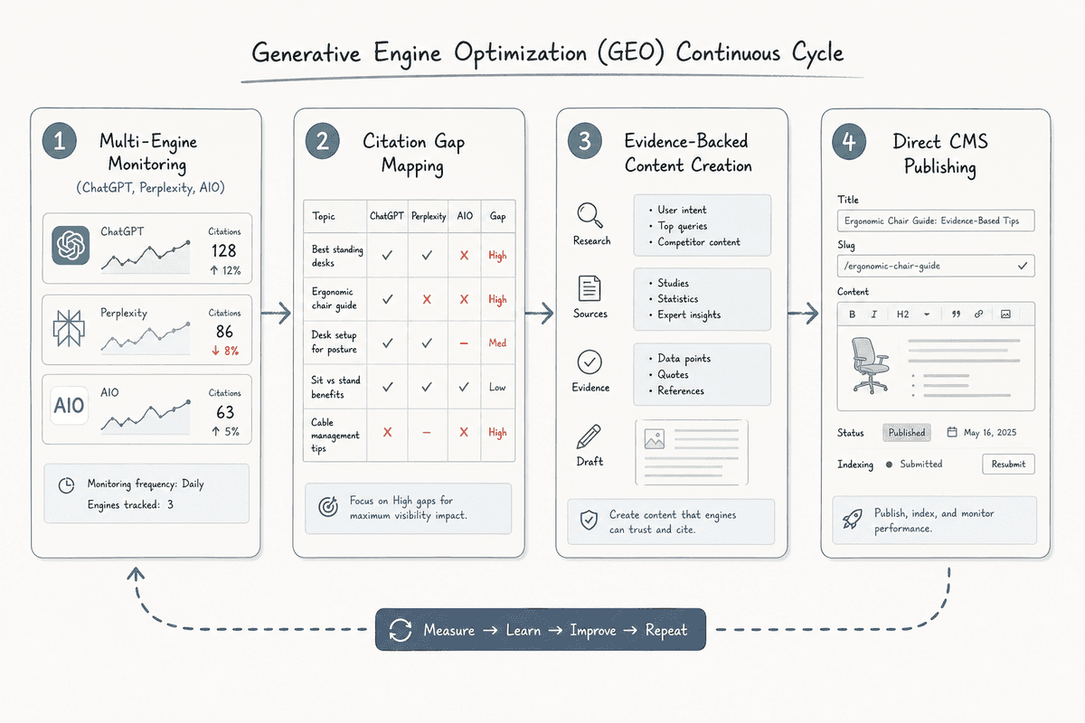 Four-stage workflow diagram showing AI search tracking, citation analysis, content generation, and direct CMS publishing