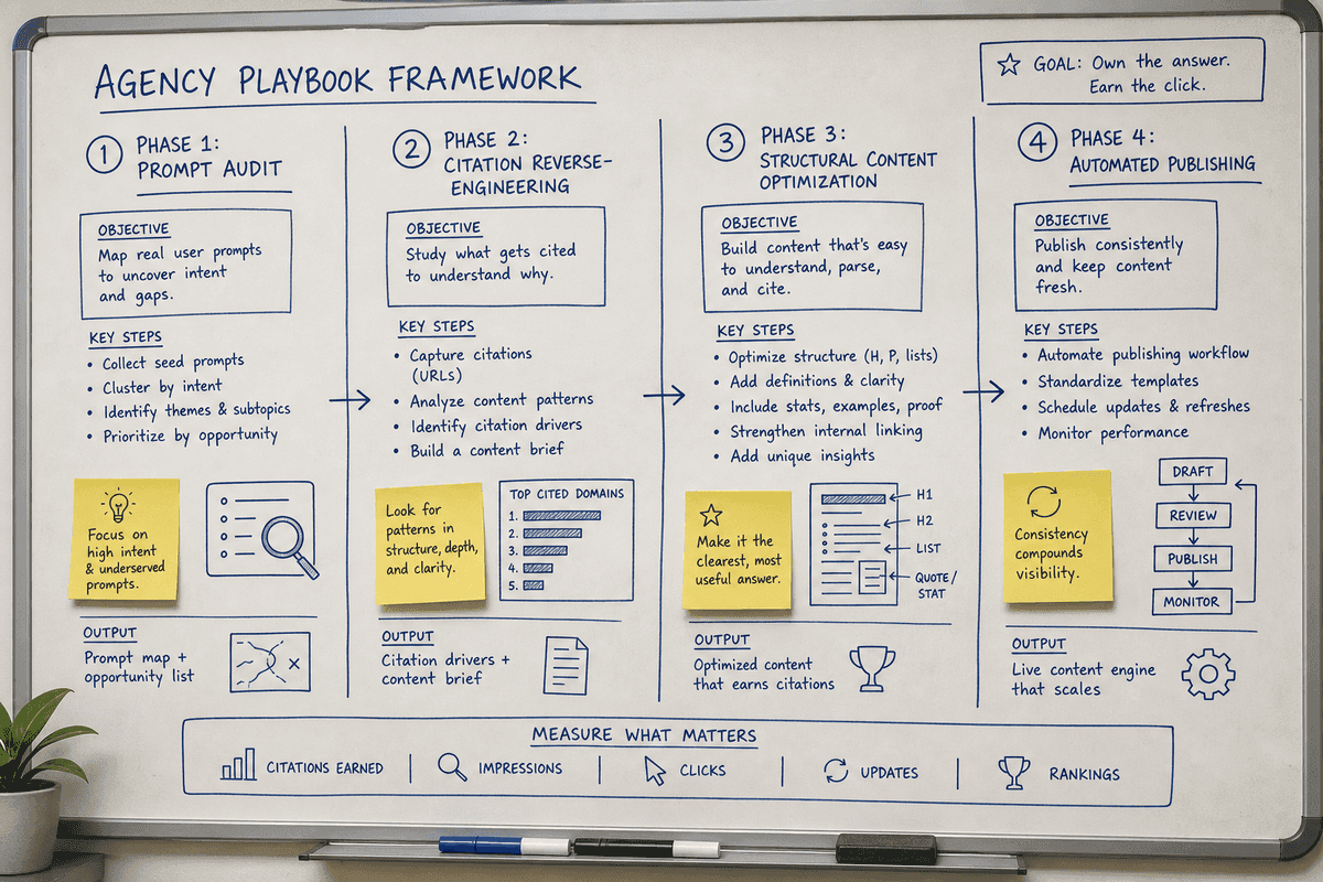 Whiteboard diagram illustrating four operational phases for agencies running generative engine optimization retainers