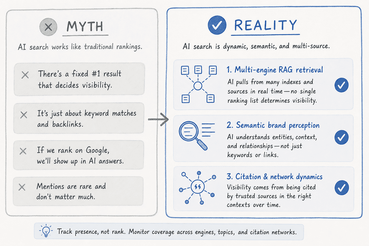 Comparison graphic outlining myths versus realities of AI search monitoring and generative engine optimization