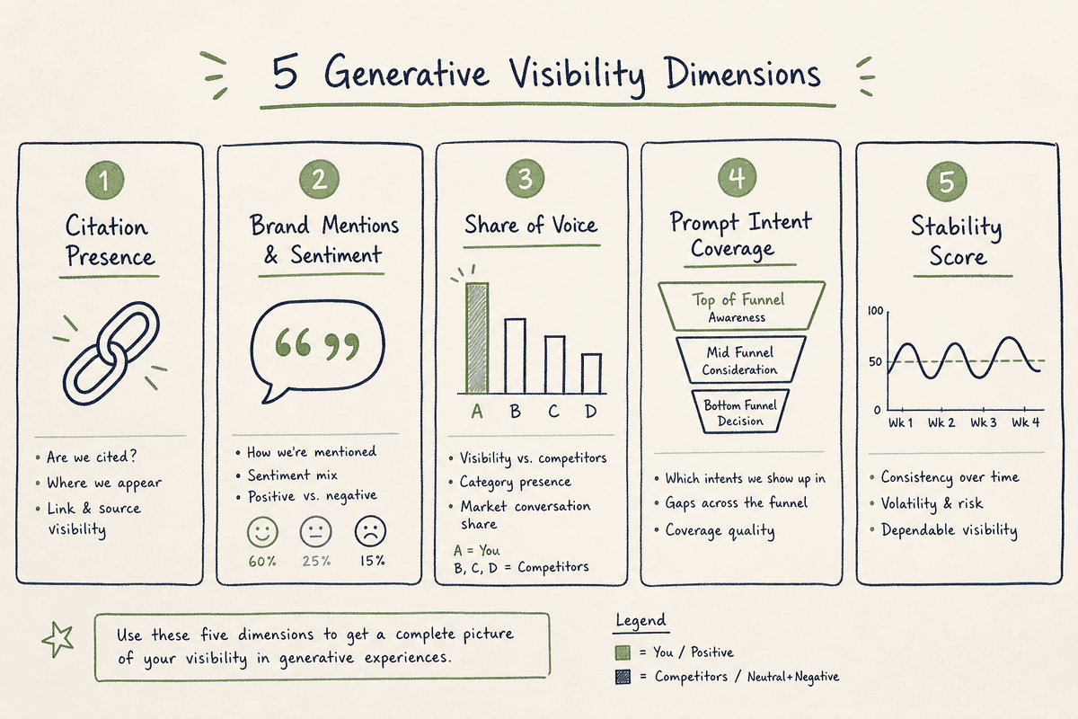 Diagram illustrating the five essential metrics for measuring Google AI Mode search visibility.
