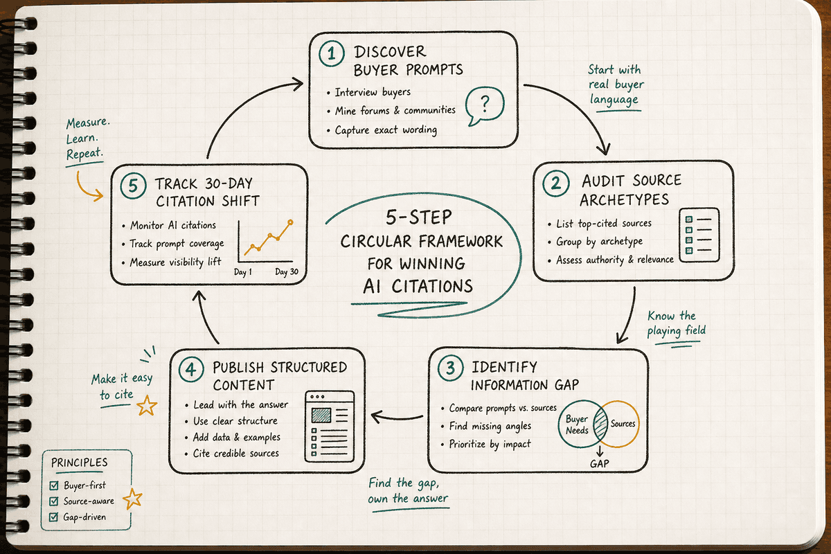 Five-step circular process diagram outlining how to turn AI visibility tracking data into live citations.