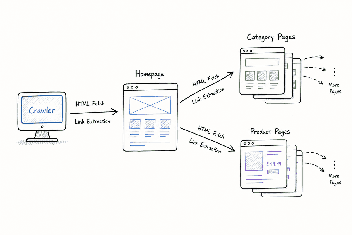 Diagram showing how a desktop crawler recursively fetches HTML and extracts links.