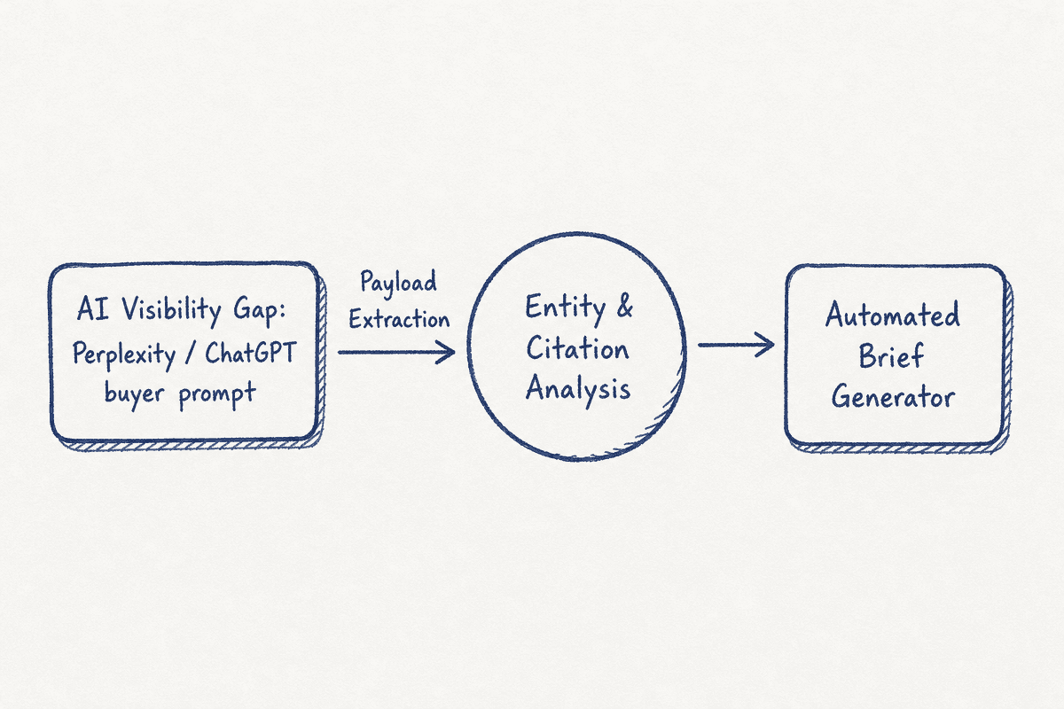 Diagram illustrating how buyer prompt gaps from AI search engines trigger an automated content creation workflow.