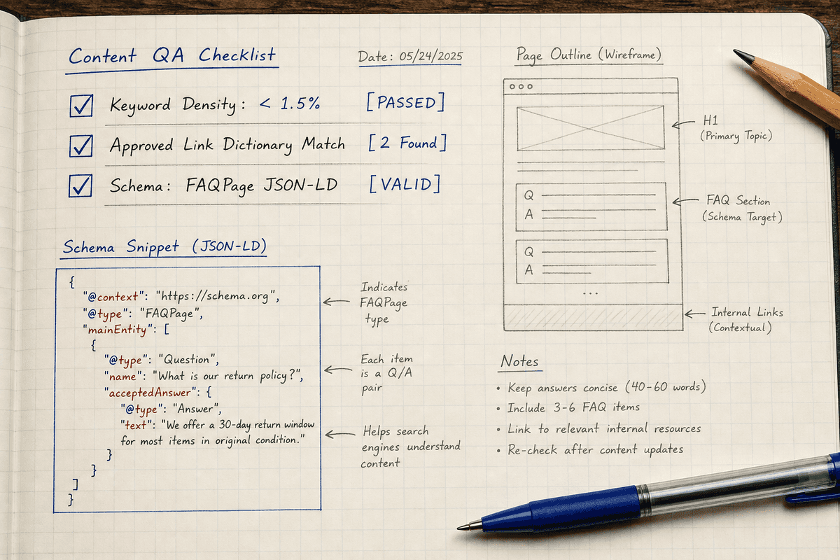 Technical checklist graphic showing programmatic SEO guardrails including keyword density and schema verification.