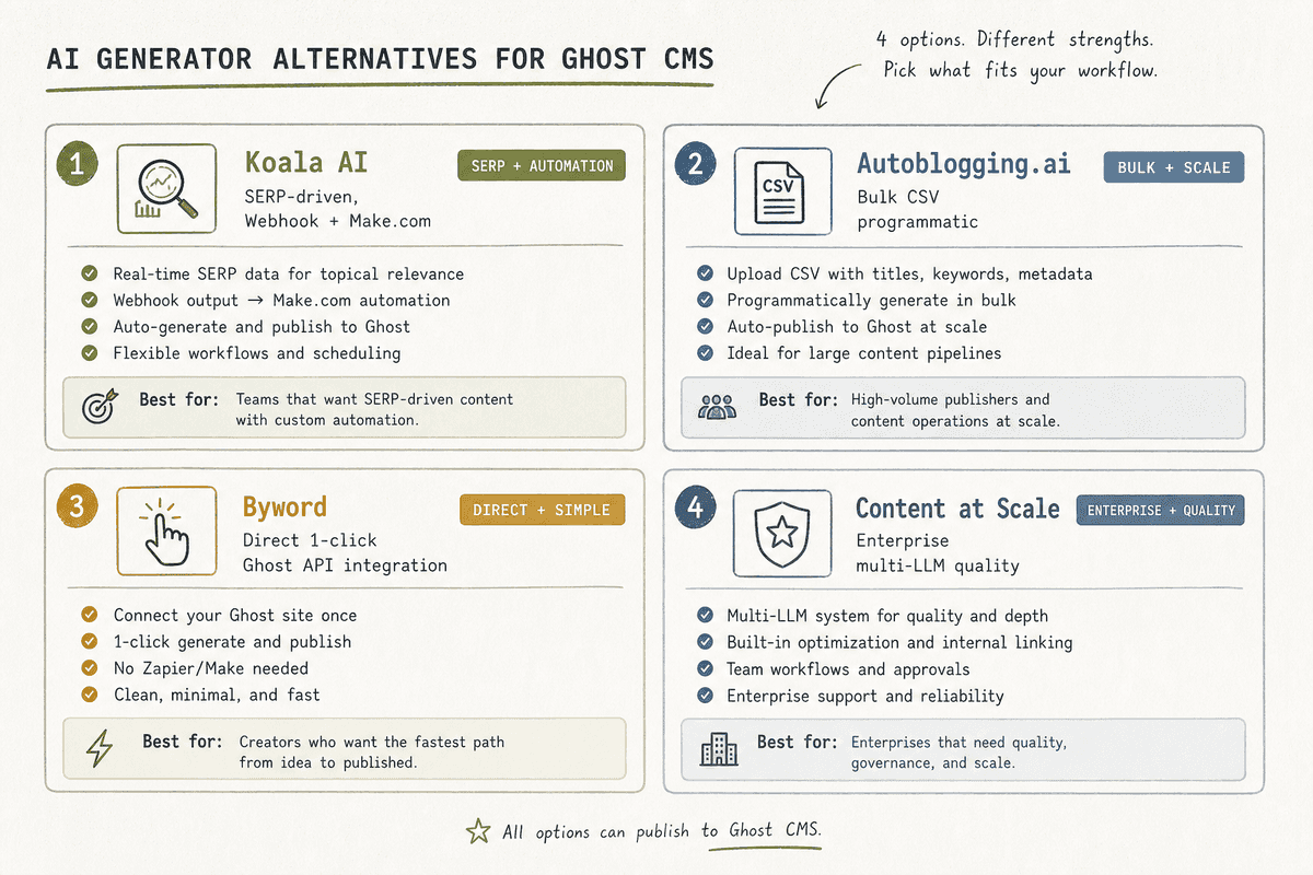 Comparison matrix of top Arvow alternatives for Ghost CMS including Byword, Koala AI, and Autoblogging.ai.