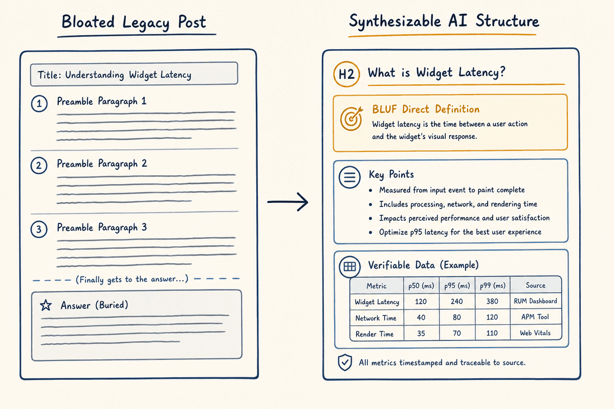 Side-by-side comparison of bloated traditional SEO copy versus structured, synthesizable content layout optimized for LLMs.