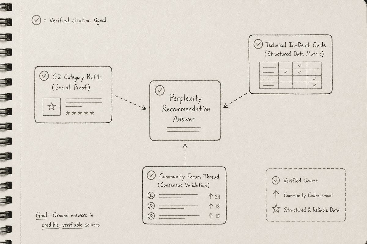 Concept diagram showing how technical guides, third-party reviews, and forum consensus converge into an AI search citation.